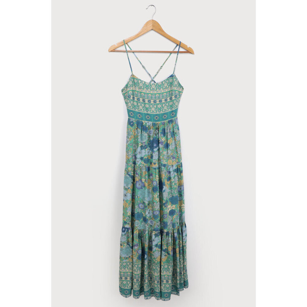 Lulus True Delights Green Multi Floral Print Tiered Maxi Dress - Size M